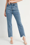 HIGH RISE STRAIGHT LEG DISTRESSED RAW HEM JEANS