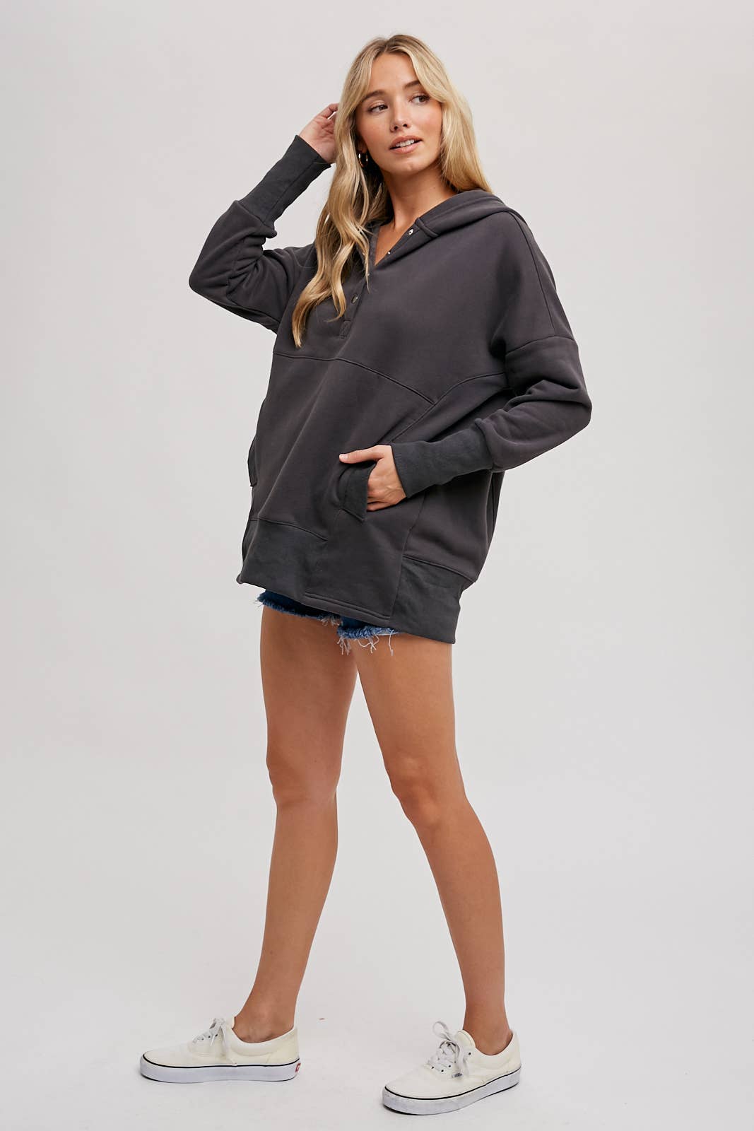 FRENCH TERRY DOLMAN SLEEVE KNIT TUNIC HOODIE