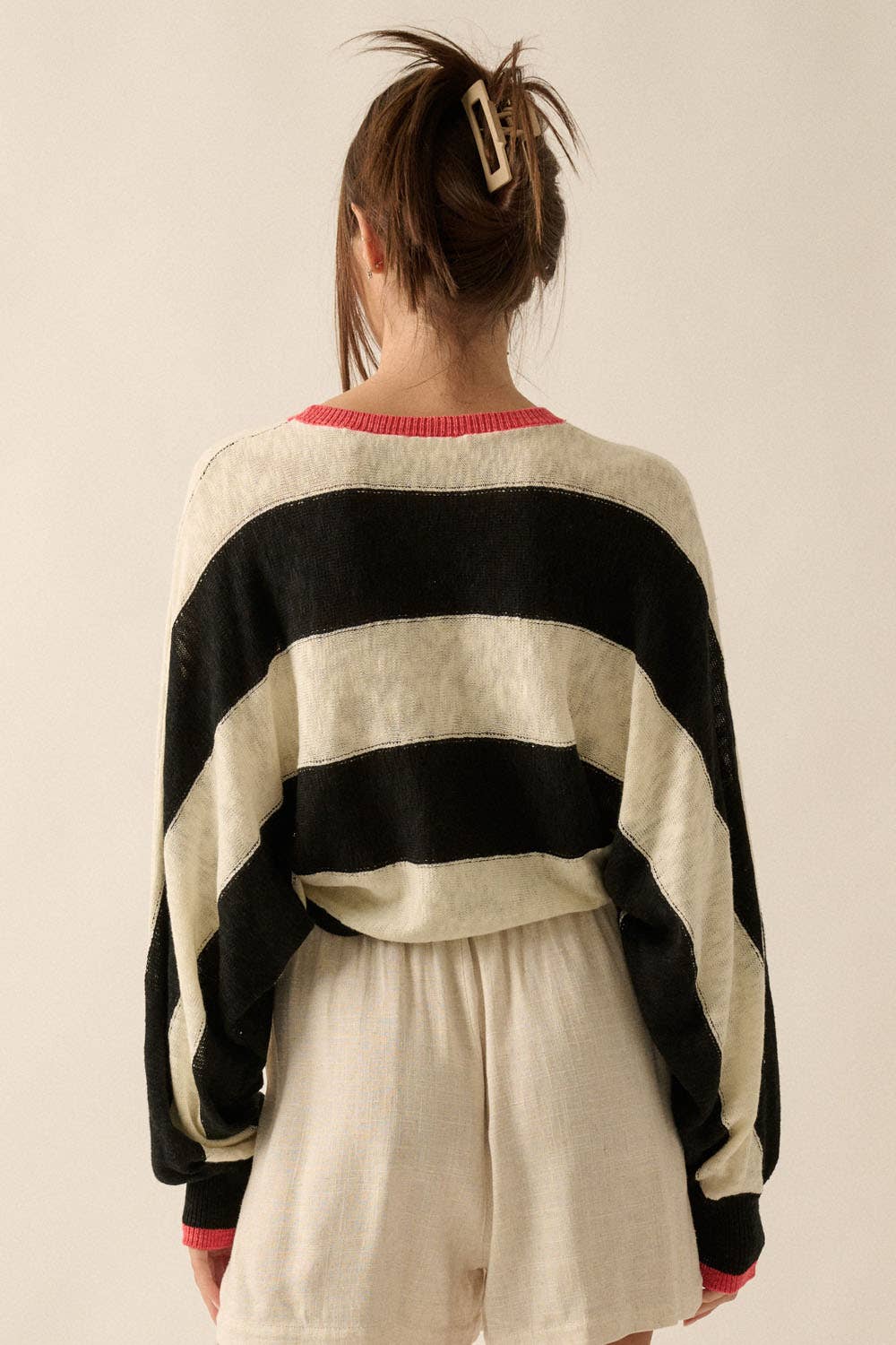 Long Dolman-Sleeve Striped Knit Sweater