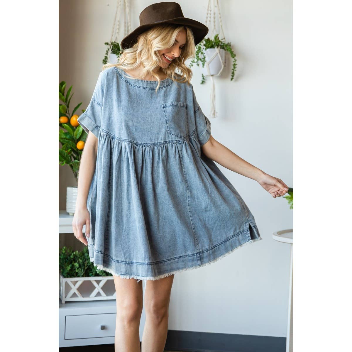 Oversize Pleated Denim Short Dress