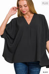 PLUS SIZE WOVEN AIRFLOW V-NECK PUFF HALF SLEEVE TOP