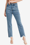 HIGH RISE STRAIGHT LEG DISTRESSED RAW HEM JEANS