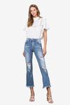 High Stretch Mid Rise Frayed Hem Distressed Crop Flare Jeans