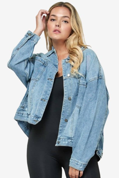 Plus Size Oversize Pleated Back Color Denim Jacket