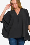 PLUS SIZE WOVEN AIRFLOW V-NECK PUFF HALF SLEEVE TOP