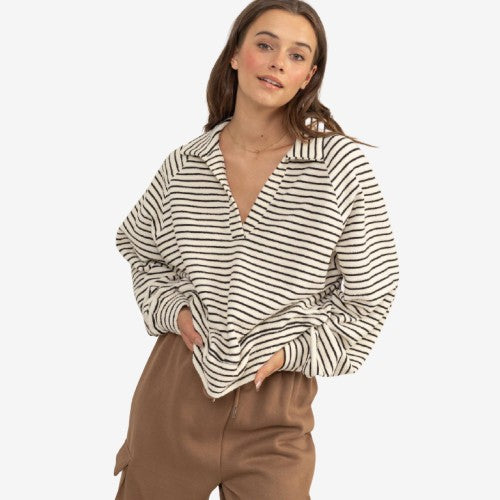 HALF-PLACKET STRIPED KNIT TOP