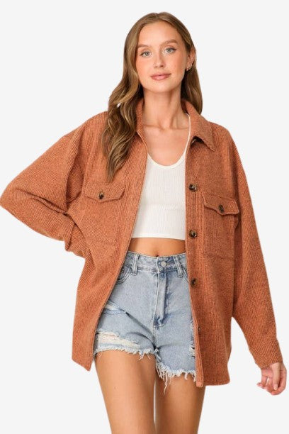 Plus Size Long Sleeve Button Down Brushed Waffle Shacket